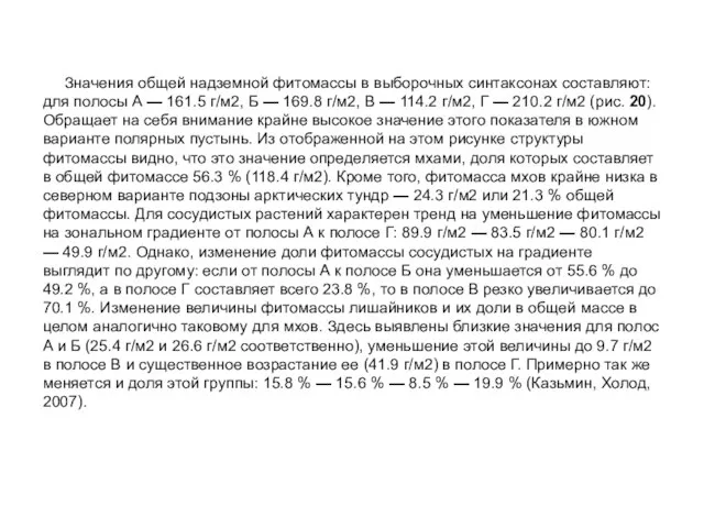 Значения общей надземной фитомассы в выборочных синтаксонах составляют: для полосы А —