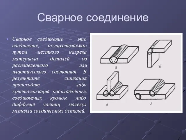 Сварное соединение Сварное соединение – это соединение, осуществляемое путем местного нагрева материала