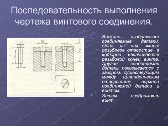 Последовательность выполнения чертежа винтового соединения. Вначале изображают соединяемые детали. Одна из них