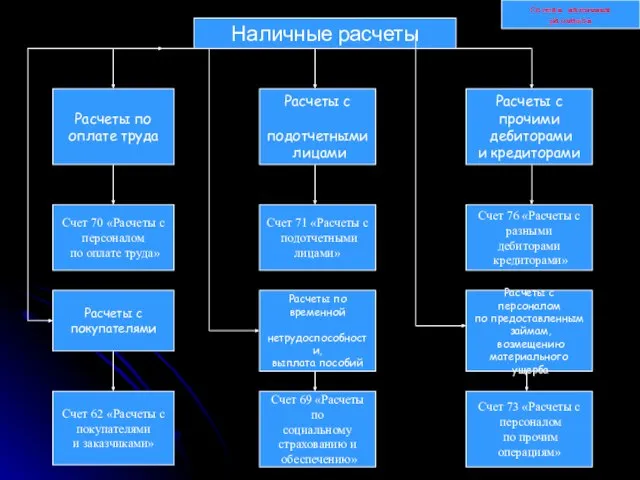 Наличные расчеты Расчеты по оплате труда Расчеты с подотчетными лицами Расчеты с