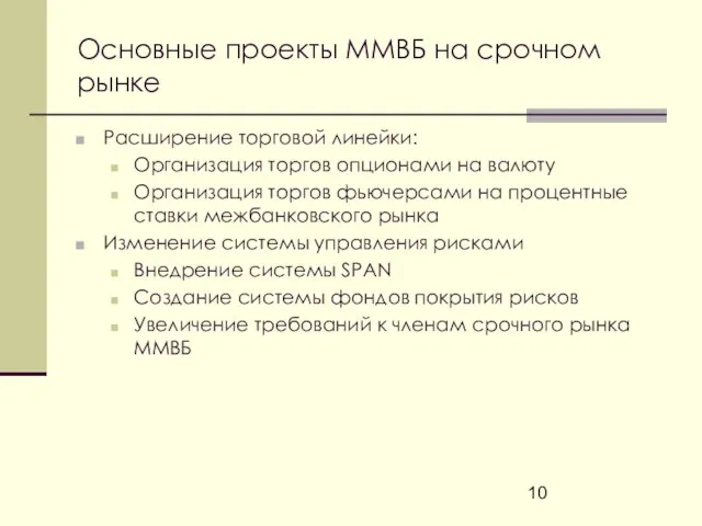 Основные проекты ММВБ на срочном рынке Расширение торговой линейки: Организация торгов опционами