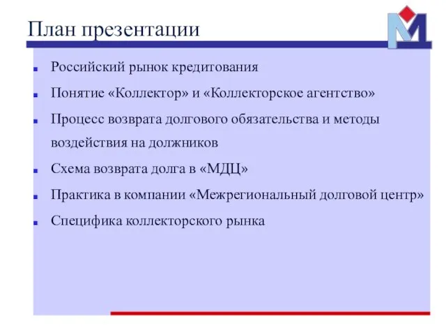 План презентации Российский рынок кредитования Понятие «Коллектор» и «Коллекторское агентство» Процесс возврата