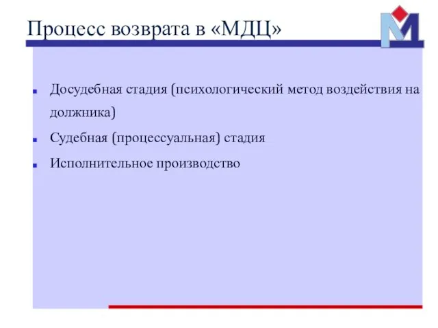 Процесс возврата в «МДЦ» Досудебная стадия (психологический метод воздействия на должника) Судебная (процессуальная) стадия Исполнительное производство