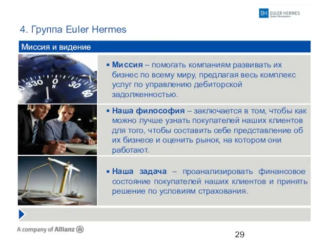 4. Группа Euler Hermes Миссия – помогать компаниям развивать их бизнес по