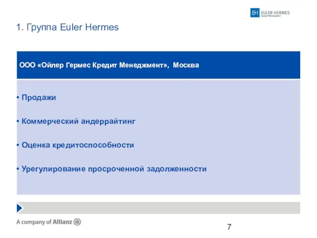 1. Группа Euler Hermes Продажи Коммерческий андеррайтинг Оценка кредитоспособности Урегулирование просроченной задолженности