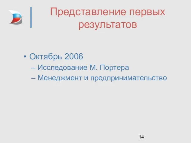 Представление первых результатов Октябрь 2006 Исследование М. Портера Менеджмент и предпринимательство