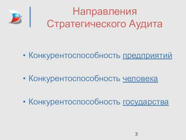 Направления Стратегического Аудита Конкурентоспособность предприятий Конкурентоспособность человека Конкурентоспособность государства