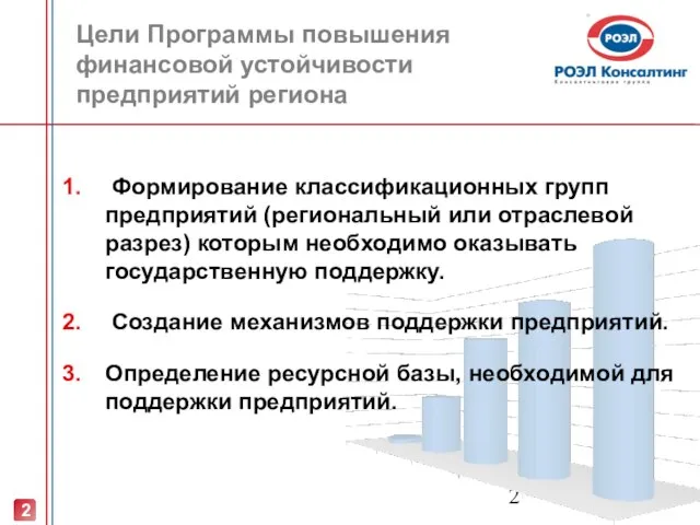 Цели Программы повышения финансовой устойчивости предприятий региона Формирование классификационных групп предприятий (региональный