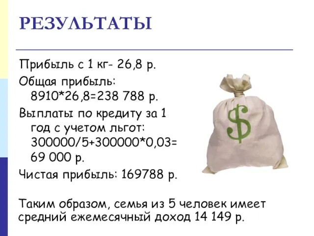 РЕЗУЛЬТАТЫ Прибыль с 1 кг- 26,8 р. Общая прибыль: 8910*26,8=238 788 р.