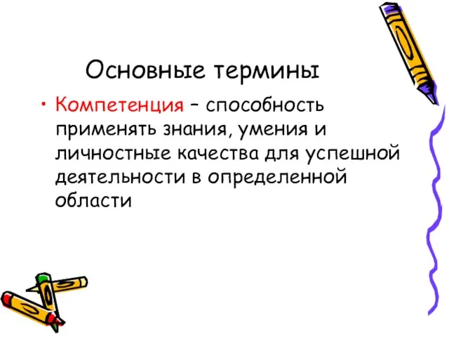 Основные термины Компетенция – способность применять знания, умения и личностные качества для