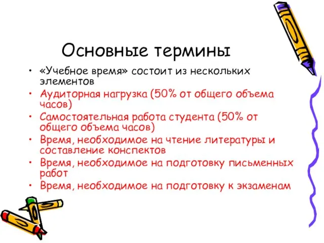 Основные термины «Учебное время» состоит из нескольких элементов Аудиторная нагрузка (50% от