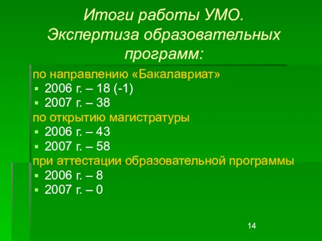 Итоги работы УМО. Экспертиза образовательных программ: по направлению «Бакалавриат» 2006 г. –