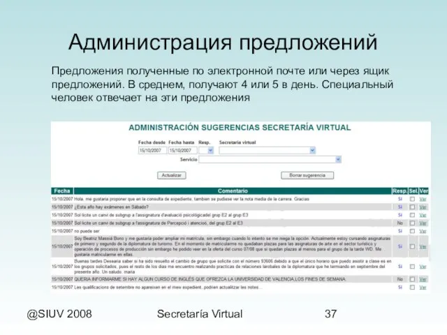 @SIUV 2008 Secretaría Virtual Администрация предложений Предложения полученные по электронной почте или