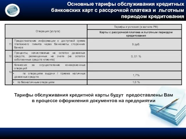 Тарифы обслуживания кредитной карты будут предоставлены Вам в процессе оформления документов на предприятии