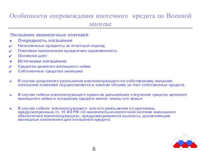 Особенности сопровождения ипотечного кредита по Военной ипотеке Погашение ежемесячных платежей Очередность погашения