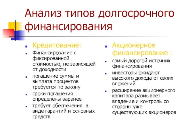 Анализ типов долгосрочного финансирования Кредитование: Финансирование с фиксированной стоимостью, не зависящей от