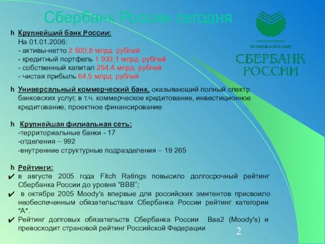 Сбербанк России сегодня Крупнейший банк России: На 01.01.2006: - активы-нетто 2 500,8