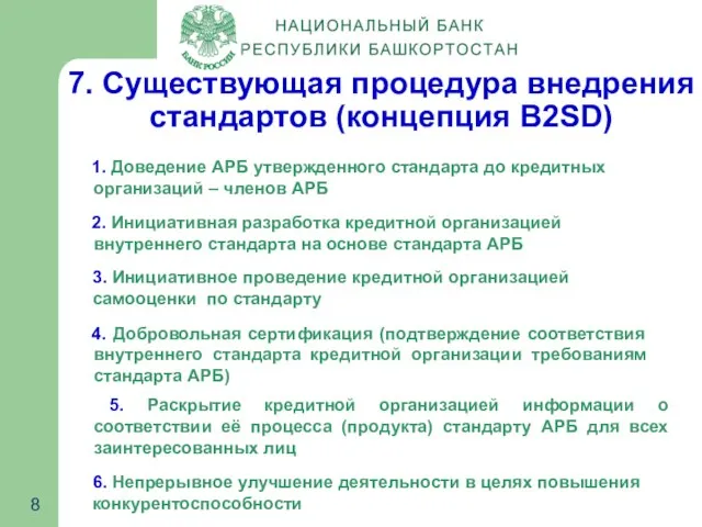 7. Существующая процедура внедрения стандартов (концепция B2SD) 1. Доведение АРБ утвержденного стандарта