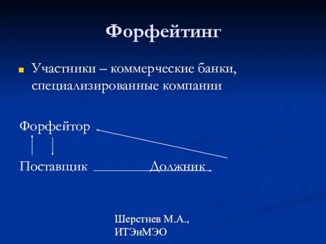 Шерстнев М.А., ИТЭиМЭО Форфейтинг Участники – коммерческие банки, специализированные компании Форфейтор Поставщик Должник