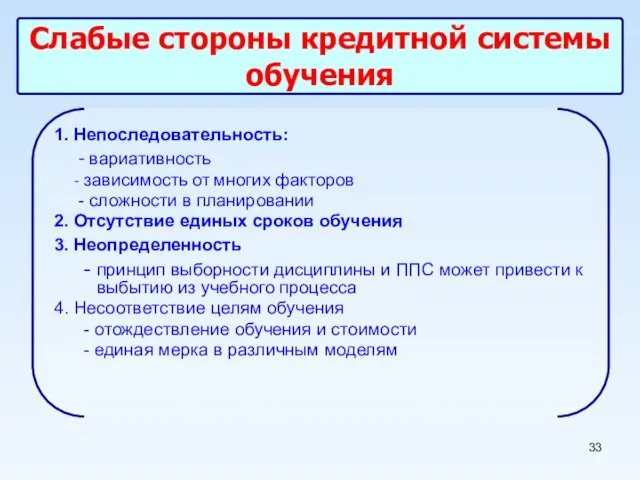 Слабые стороны кредитной системы обучения 1. Непоследовательность: - вариативность - зависимость от