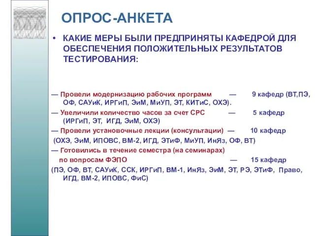 ОПРОС-АНКЕТА КАКИЕ МЕРЫ БЫЛИ ПРЕДПРИНЯТЫ КАФЕДРОЙ ДЛЯ ОБЕСПЕЧЕНИЯ ПОЛОЖИТЕЛЬНЫХ РЕЗУЛЬТАТОВ ТЕСТИРОВАНИЯ: —