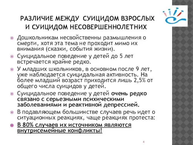 РАЗЛИЧИЕ МЕЖДУ СУИЦИДОМ ВЗРОСЛЫХ И СУИЦИДОМ НЕСОВЕРШЕННОЛЕТНИХ Дошкольникам несвойственны размышления о смерти,