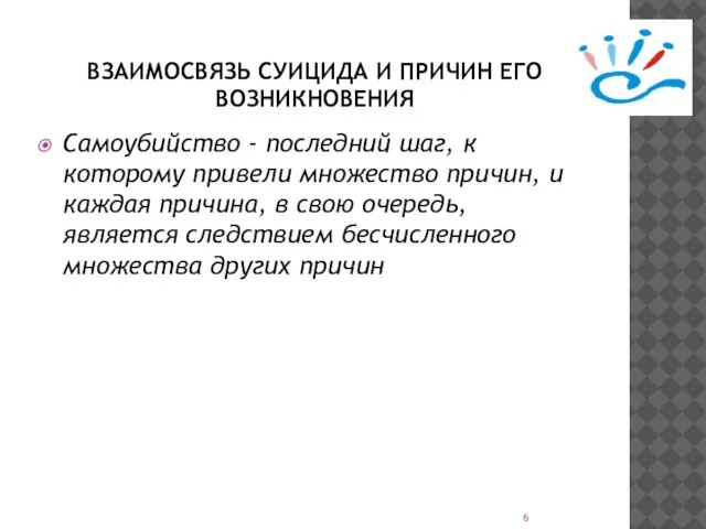 ВЗАИМОСВЯЗЬ СУИЦИДА И ПРИЧИН ЕГО ВОЗНИКНОВЕНИЯ Самоубийство - последний шаг, к которому