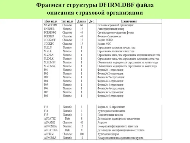 Фрагмент структуры DFIRM.DBF файла описания страховой организации