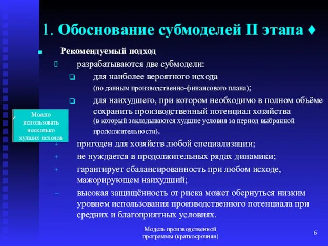 Модель производственной программы (краткосрочная) 1. Обоснование субмоделей II этапа ♦ Рекомендуемый подход