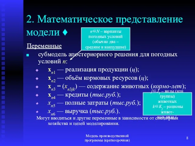 Модель производственной программы (краткосрочная) 2. Математическое представление модели ♦ Переменные субмодель апостериорного