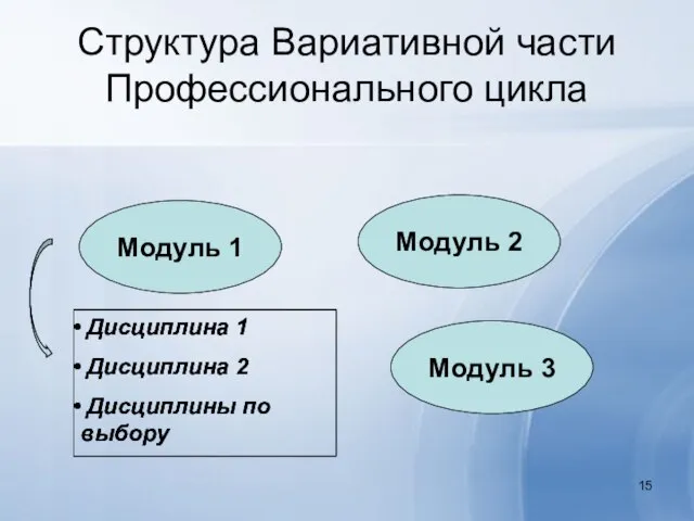 Структура Вариативной части Профессионального цикла Модуль 1 Модуль 2 Модуль 3 Дисциплина