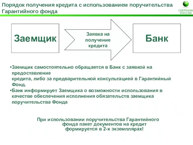 Порядок получения кредита с использованием поручительства Гарантийного фонда Заемщик самостоятельно обращается в