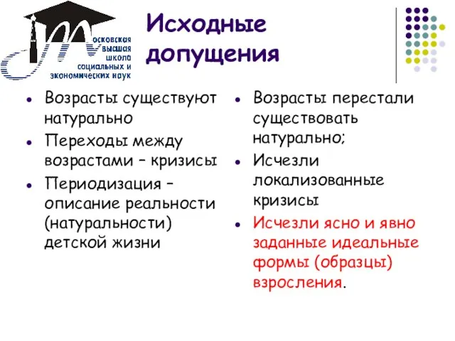 Исходные допущения Возрасты существуют натурально Переходы между возрастами – кризисы Периодизация –