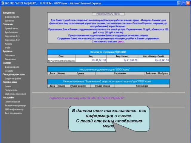 В данном окне показываются вся информация о счете. С левой стороны отображено меню.