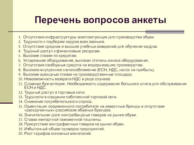 Перечень вопросов анкеты 1. Отсутствие инфраструктуры комплектующих для производства обуви. 2. Трудности