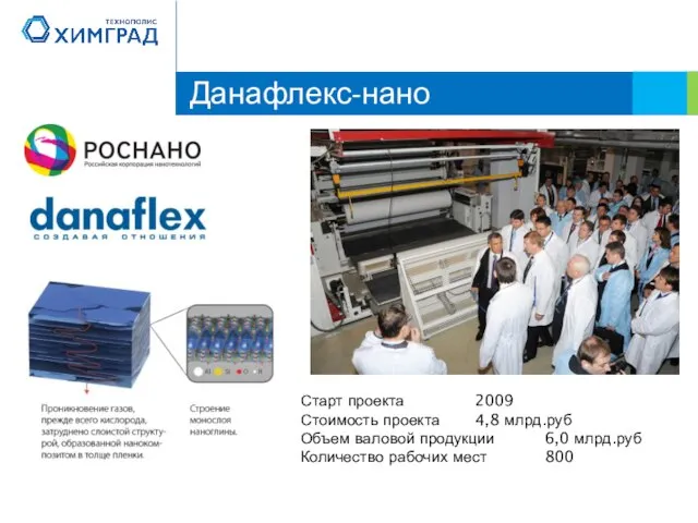 Данафлекс-нано Старт проекта 2009 Стоимость проекта 4,8 млрд.руб Объем валовой продукции 6,0