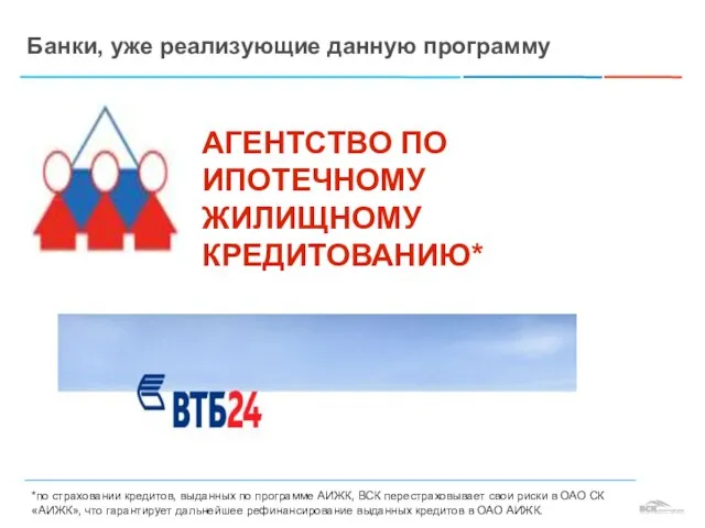 Банки, уже реализующие данную программу АГЕНТСТВО ПО ИПОТЕЧНОМУ ЖИЛИЩНОМУ КРЕДИТОВАНИЮ* *по страховании