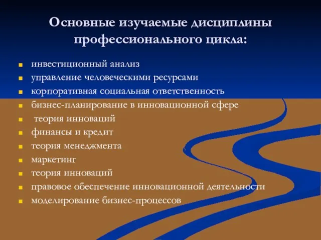 Основные изучаемые дисциплины профессионального цикла: инвестиционный анализ управление человеческими ресурсами корпоративная социальная