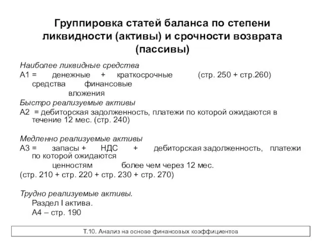 Группировка статей баланса по степени ликвидности (активы) и срочности возврата (пассивы) Наиболее