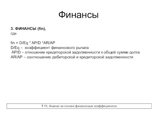 Финансы 3. ФИНАНСЫ (fin), где fin = D/Eq * AP/D *AR/AP D/Eq