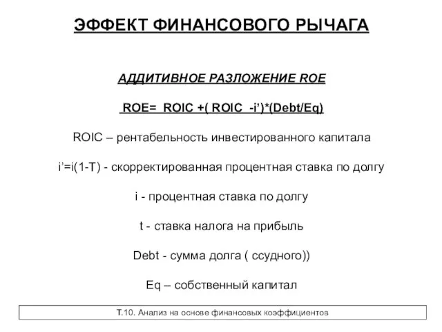 ЭФФЕКТ ФИНАНСОВОГО РЫЧАГА АДДИТИВНОЕ РАЗЛОЖЕНИЕ ROE ROE= ROIC +( ROIC -i’)*(Debt/Eq) ROIC