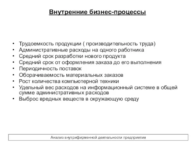 Внутренние бизнес-процессы Трудоемкость продукции ( производительность труда) Административные расходы на одного работника