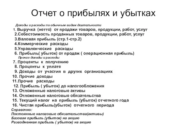 Отчет о прибылях и убытках Доходы и расходы по обычным видам деятельности