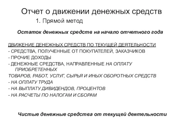 Отчет о движении денежных средств 1. Прямой метод Остаток денежных средств на