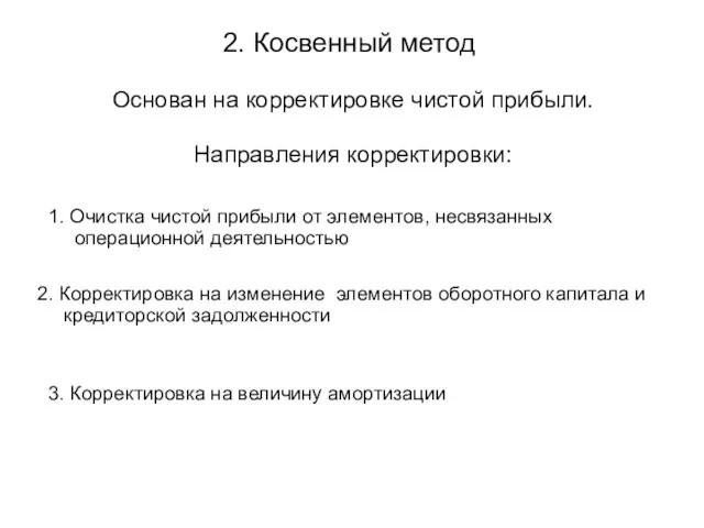 Основан на корректировке чистой прибыли. Направления корректировки: 2. Косвенный метод 1. Очистка