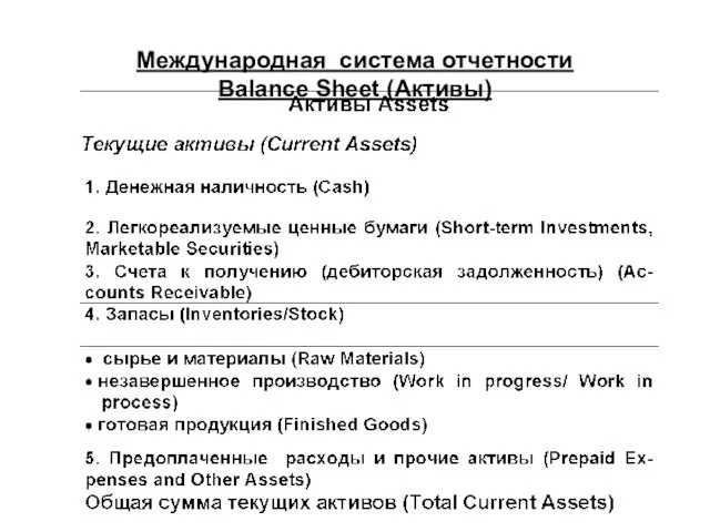 Международная система отчетности Balance Sheet (Активы)