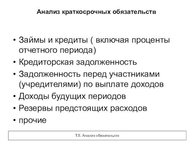 Анализ краткосрочных обязательств Займы и кредиты ( включая проценты отчетного периода) Кредиторская