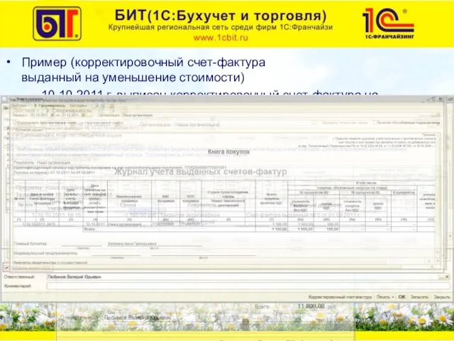 Пример (корректировочный счет-фактура выданный на уменьшение стоимости) 10.10.2011 г. выписан корректировочный счет-фактура