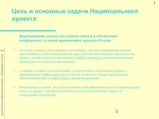 Цель и основные задачи Национального проекта: формирование рынка доступного жилья и обеспечение