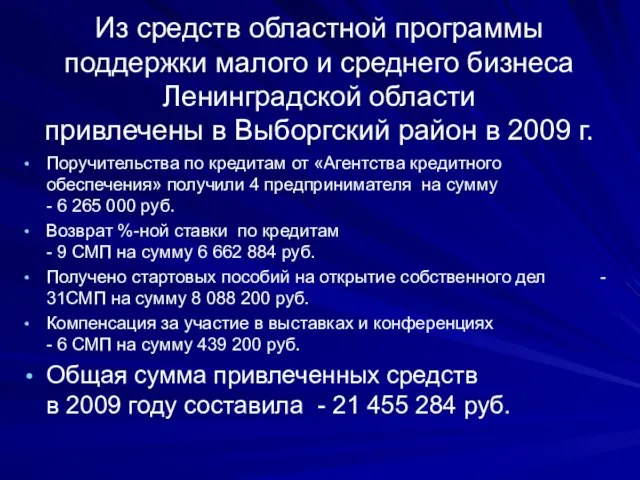 Из средств областной программы поддержки малого и среднего бизнеса Ленинградской области привлечены